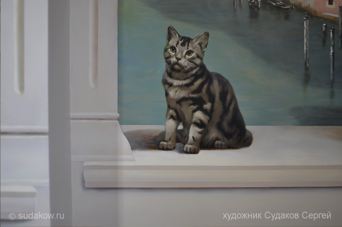 нарисованный кот, роспись стен, рисунок кошки,обманка
